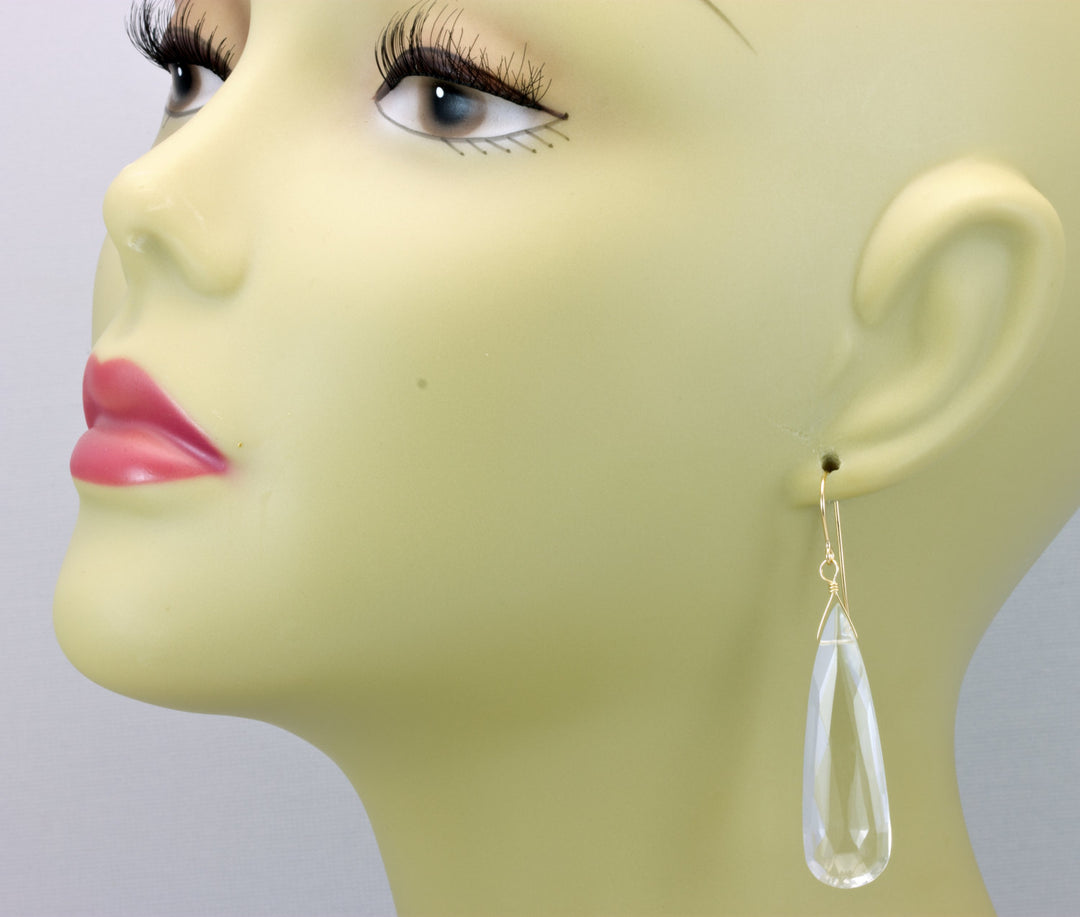 Crystal Clear Quartz Earrings Long Large Faceted Briolette Teardrop 14k Solid Gold or Filled or Sterling Silver Simple Natural Drops 2.3 In