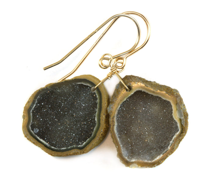 Baby Geode Earrings Tabasco Gray Black Small Druzy Oval 14k Gold Filled Unique Teardrop Drusy  AAA Natural Fine Small Drusy Geodes Earthy