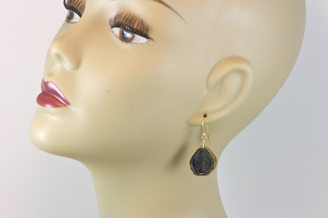 Baby Geode Earrings Tabasco Gray Black Small Druzy Oval 14k Gold Filled Unique Teardrop Drusy  AAA Natural Fine Small Drusy Geodes Earthy