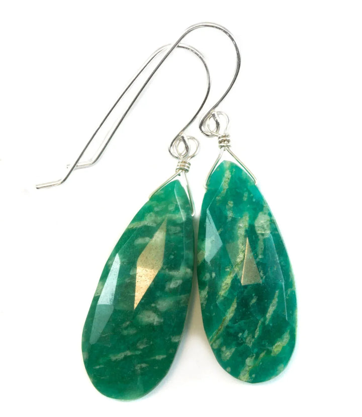 Amazonite Earrings Dark Blue Green Faceted Teardrops Long Sterling Silver or 14k Solid Gold or Filled Natural Color Large Spyglass Designs - Spyglass Designs