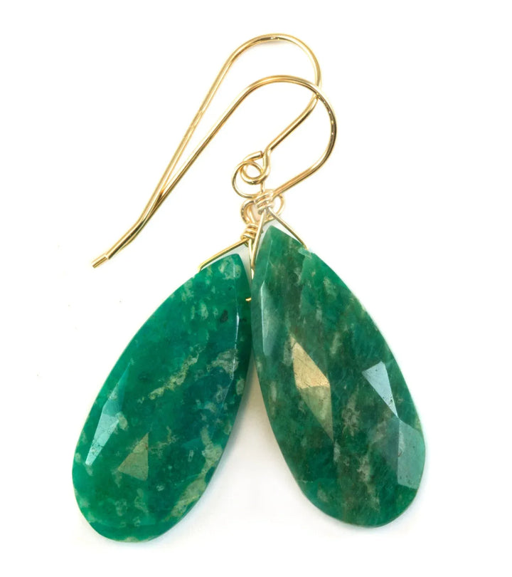 Amazonite Earrings Dark Blue Green Faceted Teardrops Long Sterling Silver or 14k Solid Gold or Filled Natural Color Large Spyglass Designs - Spyglass Designs