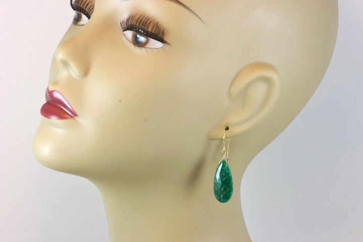 Amazonite Earrings Dark Blue Green Faceted Teardrops Long Sterling Silver or 14k Solid Gold or Filled Natural Color Large Spyglass Designs - Spyglass Designs