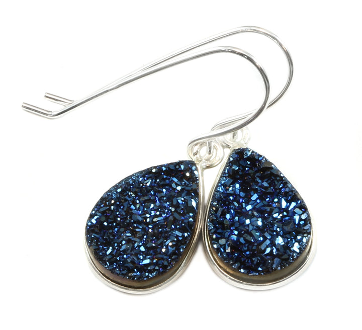 Drusy Earrings Peacock Blue Druzy Teardrop 14k Solid Gold or Filled or Sterling Silver Bezel Set Drops Natural Quartz  Simple Daily Drops