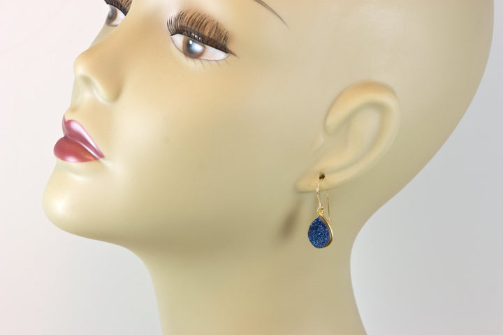 Drusy Earrings Peacock Blue Druzy Teardrop 14k Solid Gold or Filled or Sterling Silver Bezel Set Drops Natural Quartz  Simple Daily Drops