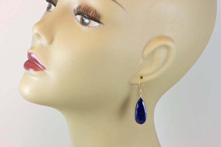 Lapis Lazuli Earrings Natural Faceted Long Teardrop Drops Dangle 14k Solid yellow gold or Filled or Sterling Silver Spyglass Designs Pyrite