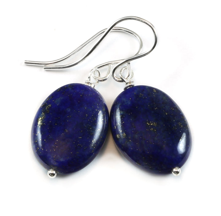 Blue Lapis Earrings Lazuli Natural Oval Teardrop Sterling Silver or 14k Solid Gold or Filled Smooth Polished Pyrite Flecks Simple Daily Drop