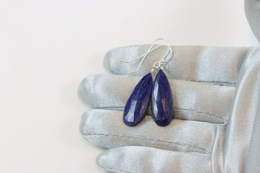 Lapis Lazuli Earrings Natural Faceted Long Teardrop Drops Dangle 14k Solid yellow gold or Filled or Sterling Silver Spyglass Designs Pyrite
