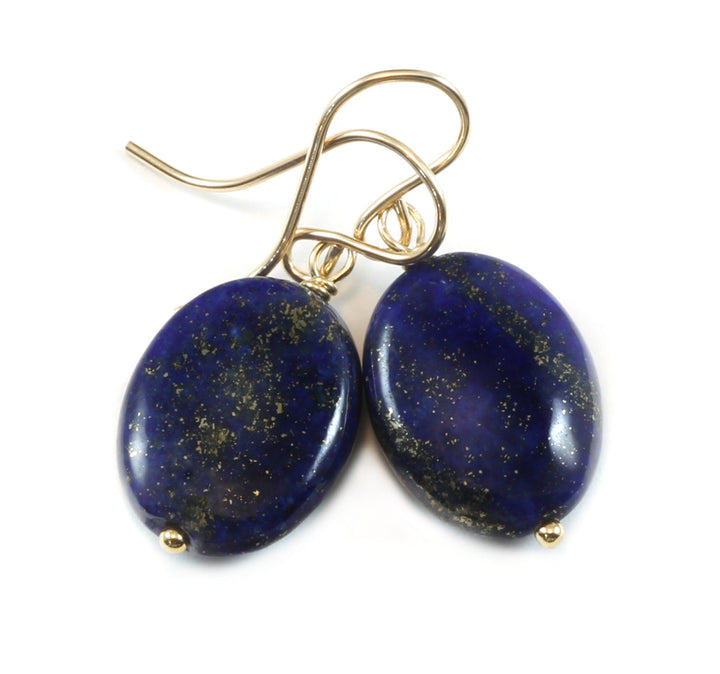 Blue Lapis Earrings Lazuli Natural Oval Teardrop Sterling Silver or 14k Solid Gold or Filled Smooth Polished Pyrite Flecks Simple Daily Drop