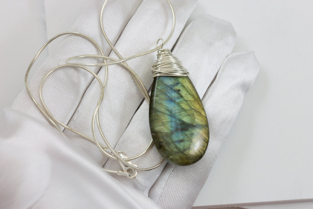 Labradorite Necklace Pendant smooth Teardrop  Messy wire wrapped  Sterling Silver Snake chain Necklace 18 Inch Blue Flash Large tear drop