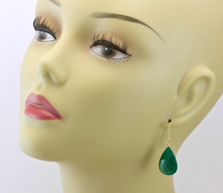 Green Onyx Earrings Faceted Long AAA Dangle Large Briolette Teardrop Sterling Silver or 14k Solid Yellow Gold or Filled Emerald Green Drops