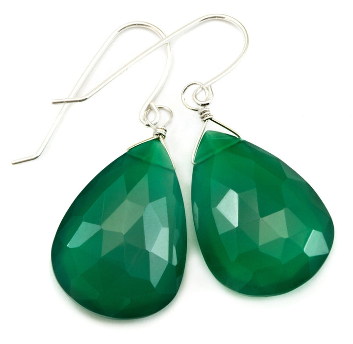 Green Onyx Earrings Faceted Long AAA Dangle Large Briolette Teardrop Sterling Silver or 14k Solid Yellow Gold or Filled Emerald Green Drops