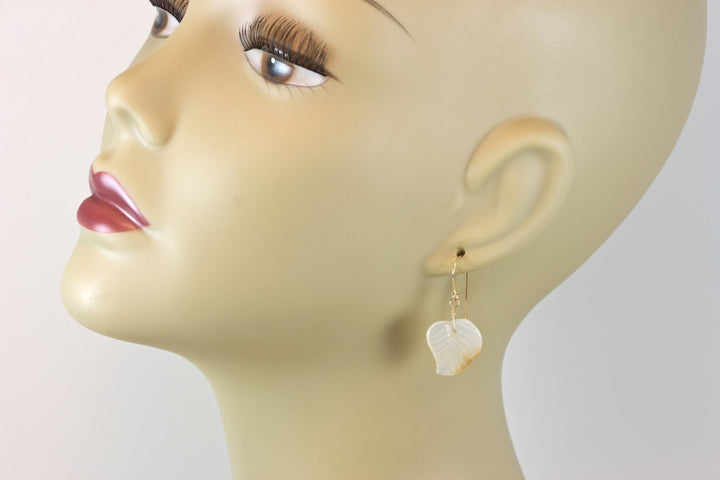 Natural Agate Earrings Hand Carved Leaf Shape AAA Drop Sterling Silver or 14k Gold Filled Cream White Curved Leaves Earthy Simple Dainty