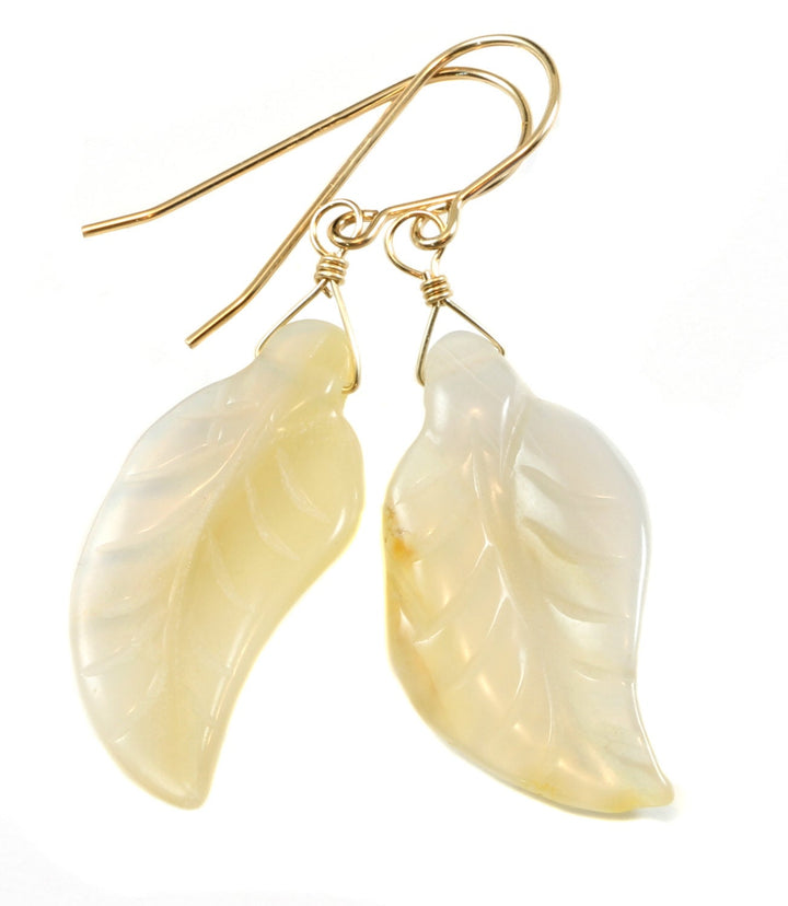 Natural Agate Earrings Hand Carved Leaf Shape AAA Large Drop Sterling Silver or 14k Gold Filled Creamy White Untreated Curved Shape Drops