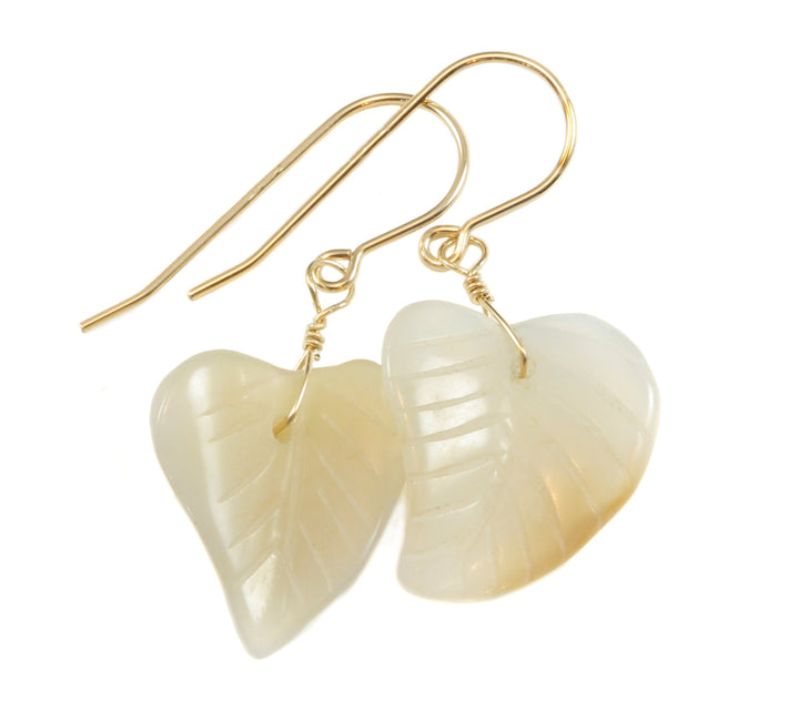 Natural Agate Earrings Hand Carved Leaf Shape AAA Drop Sterling Silver or 14k Gold Filled Cream White Curved Leaves Earthy Simple Dainty