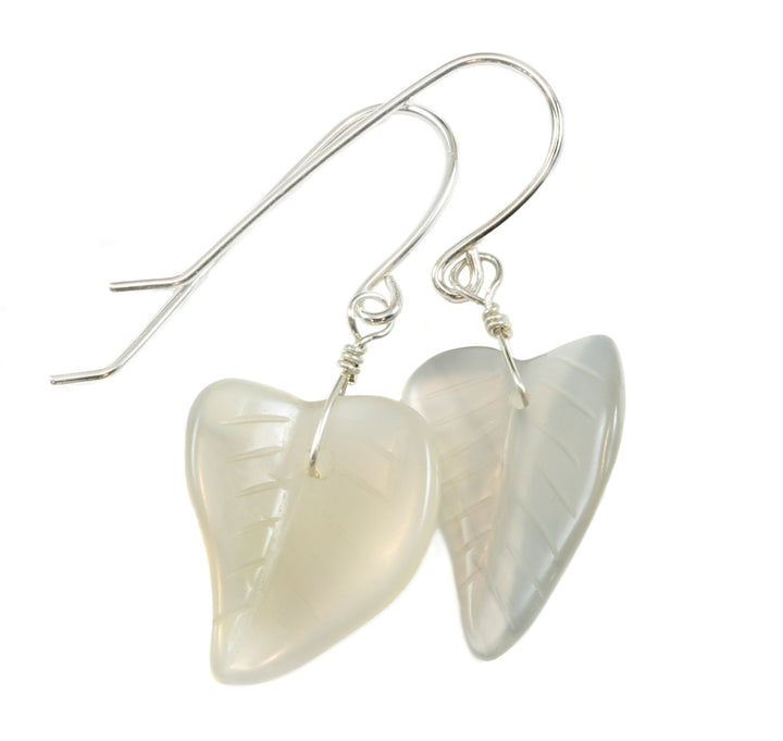 Natural Agate Earrings Hand Carved Leaf Shape AAA Drop Sterling Silver or 14k Gold Filled Cream White Curved Leaves Earthy Simple Dainty
