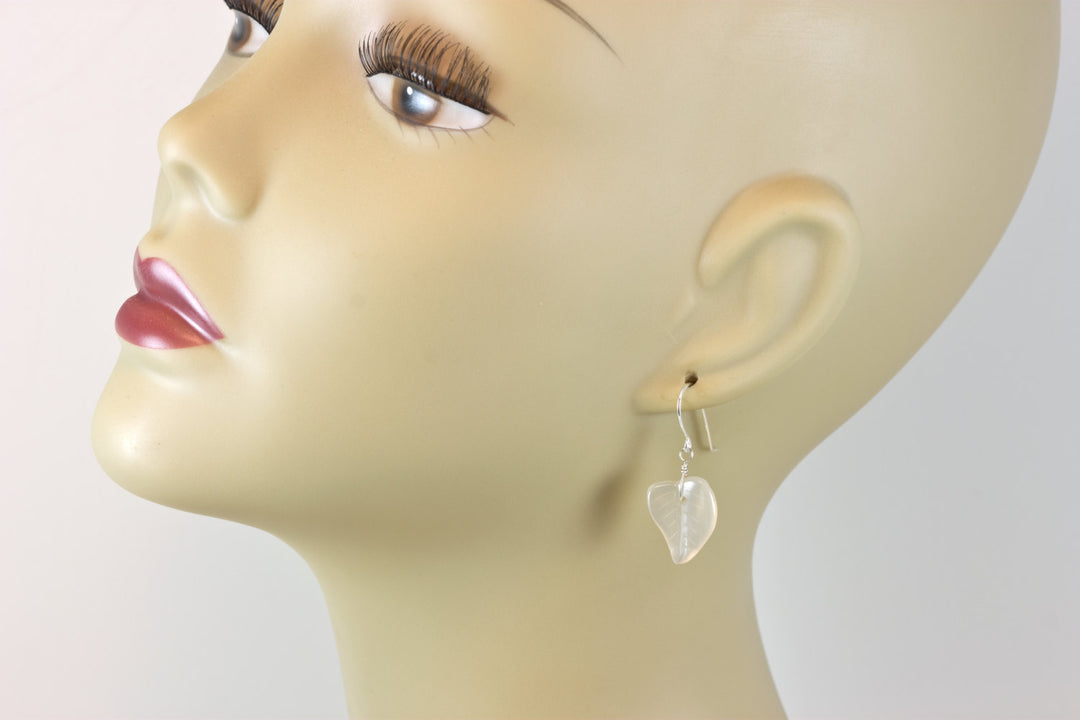 Natural Agate Earrings Hand Carved Leaf Shape AAA Drop Sterling Silver or 14k Gold Filled Cream White Curved Leaves Earthy Simple Dainty