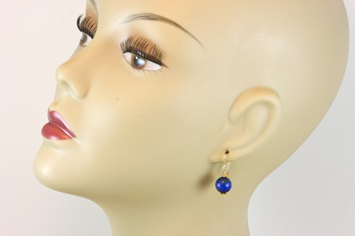 Blue Lapis Earrings Lazuli Natural Round Denim Matt Finish Drop Sterling Silver 14k solid gold or 14k Gold Filled Rich Beaded Accents