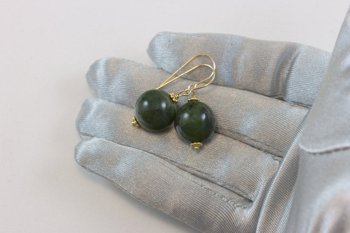 Nephrite Green Jade Earrings Simple Large Round Drops Smooth Sterling Silver or 14k Solid Gold or Filled Smooth drops simple everyday