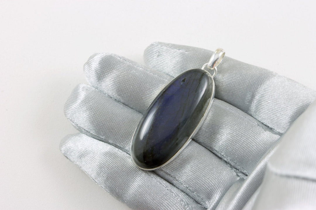 Labradorite Pendant Sterling Silver Long Cabachon Oval Large Necklace Pendent Bezel Set  AAA Blue Flash Classic Simple Spyglass Designs