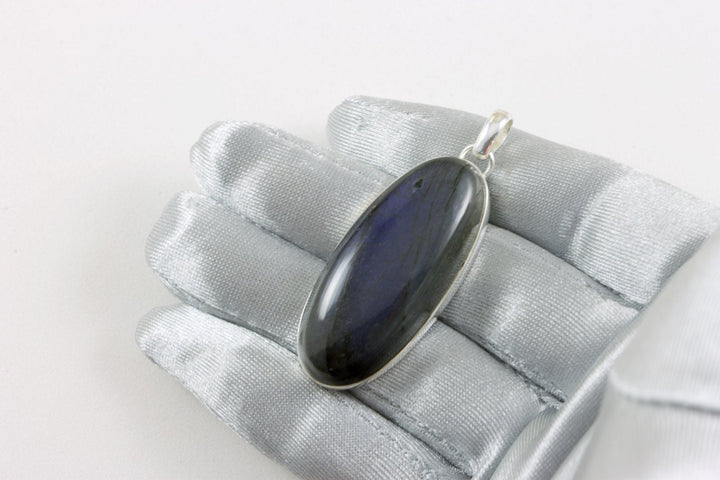 Labradorite Pendant Sterling Silver Long Cabachon Oval Large Necklace Pendent Bezel Set  AAA Blue Flash Classic Simple Spyglass Designs