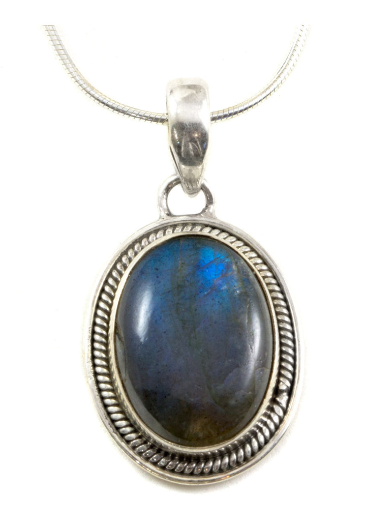 Labradorite Pendant Necklace Sterling Silver Oval Snake chain Necklace 18 Inches and Bezel Set AAA Spyglass Designs Fancy Silver Work