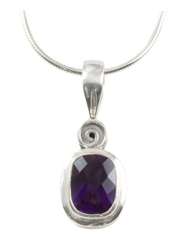 Purple Amethyst Pendant Sterling Silver Snake chain Necklace 18 Inches and Pendant Bezel Set Faceted Rectangle Shape Small Dainty Simple