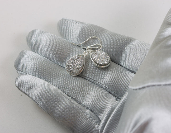 Silvery Drusy Earrings Sterling silver Druzy Teardrop Shape French Ear Wires Bezel Set Simple Drops Bright Silver Sparkle Dressy Simple