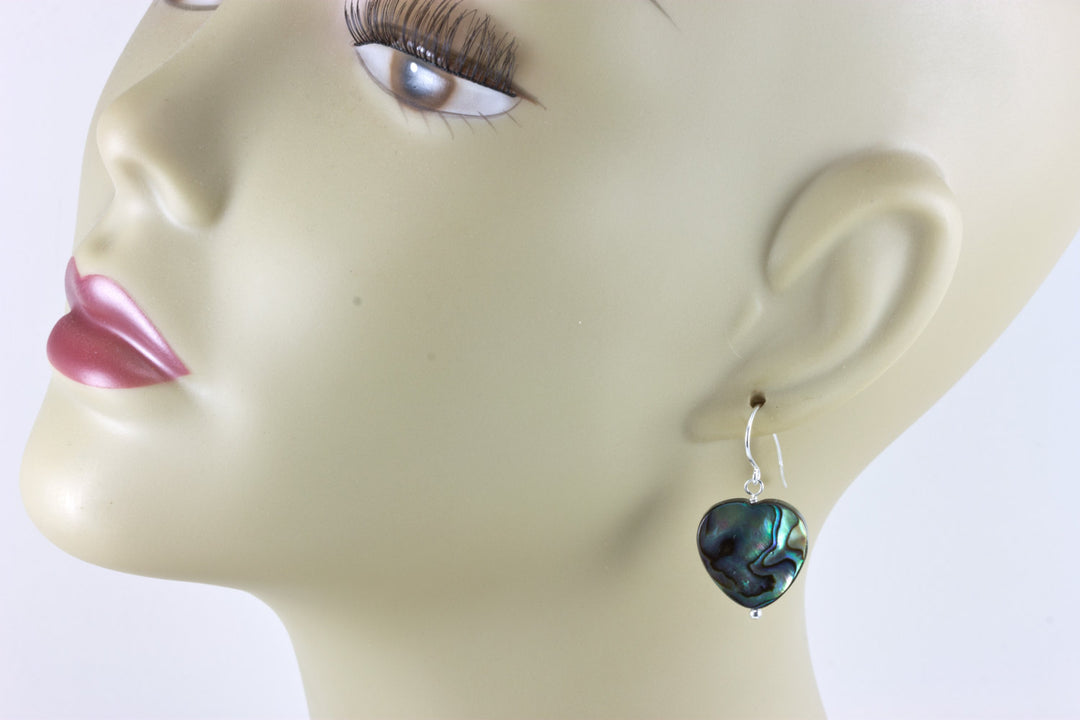 Abalone Earrings Paua Shell Large Heart Shaped Natural Peacock Blue Green 14k solid Gold or Filled or Sterling Silver Lightweight Drops MOP