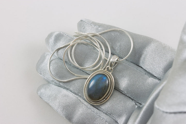 Labradorite Pendant Necklace Sterling Silver Oval Snake chain Necklace 18 Inches and Bezel Set AAA Spyglass Designs Fancy Silver Work