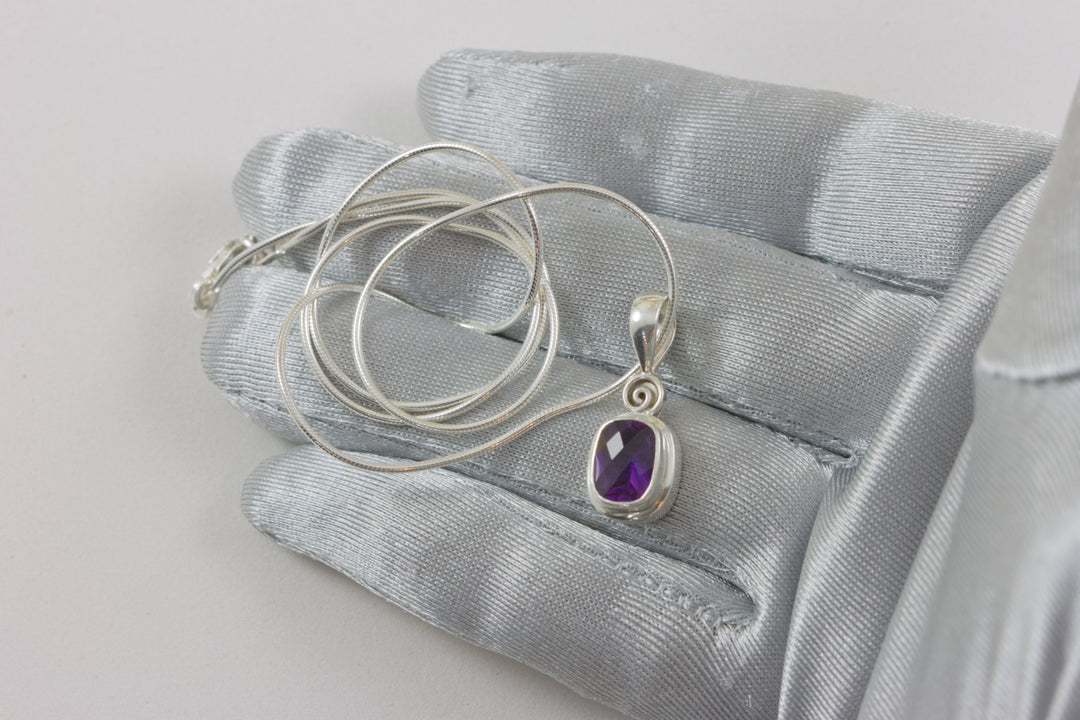 Purple Amethyst Pendant Sterling Silver Snake chain Necklace 18 Inches and Pendant Bezel Set Faceted Rectangle Shape Small Dainty Simple