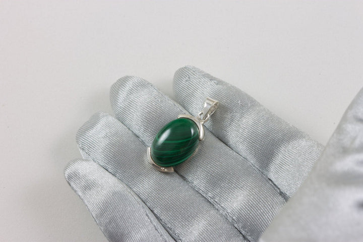 Malachite Pendant Sterling Silver Green Oval Necklace Pendant Bezel Set Real Natural  Smooth Striped Cabachon Simple Daily Wear Classic