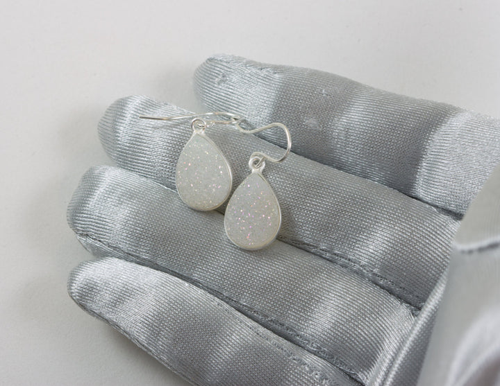 White Drusy Earrings Druzy Teardrop Sterling Silver or 14k yellow solid gold or filled Bezel Simple Drops Fine Druse Quartz Spyglass Designs