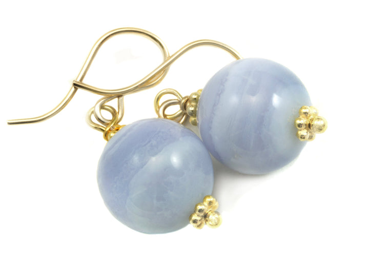 Blue Lace Agate Earrings AAA Natural Round Smooth Drop Beaded Accents Sterling Silver or 14k Solid Gold or Filled Pale Blue Ribbon Banding