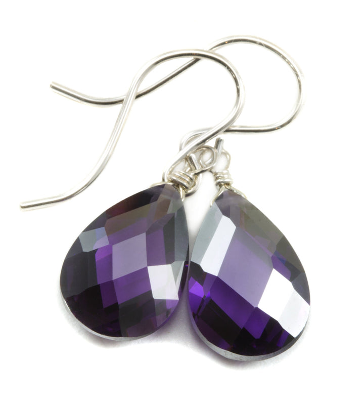 Amethyst Purple Cubic Zirconia Earrings Long Faceted Teardrop AAA CZ Sterling Silver or 14k Solid Gold or Filled Pear Simple Dainty Drops