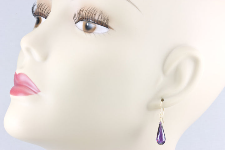 Amethyst Purple Cubic Zirconia Earrings Long Micro Faceted Rounded Teardrops Briolette AAA CZ Sterling Silver or 14k Solid Gold or Filled
