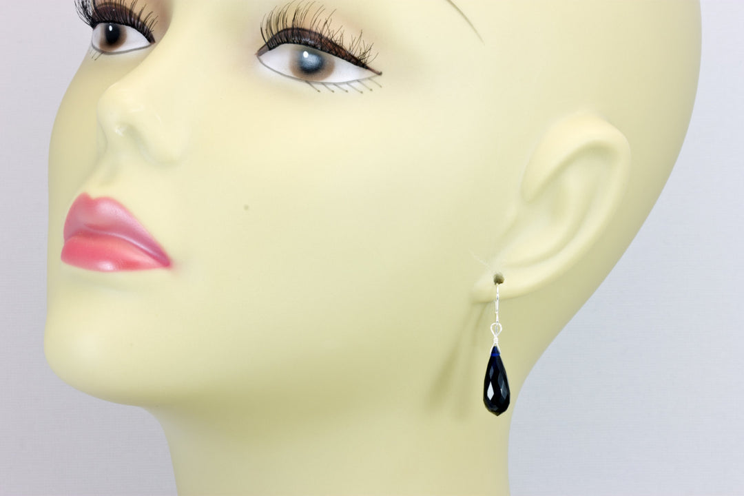 Dark Sapphire Blue Cubic Zirconia Earrings Long Faceted Rounded Teardrop Briolette AAA CZ Sterling Silver or 14k Solid Gold or Filled  Drops