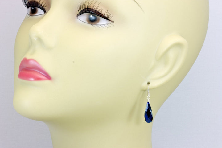 Dark Blue Sapphire Cubic Zirconia Earrings Long Faceted Teardrop Briolette AAA CZ Sterling Silver or 14k Solid Gold or Filled  Simple drops