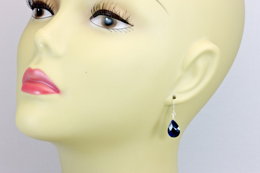 Dark Sapphire Blue Cubic Zirconia Earrings Pear Shaped Faceted Teardrop Briolette AAA CZ Sterling Silver or 14k Solid Gold or Filled Dangles
