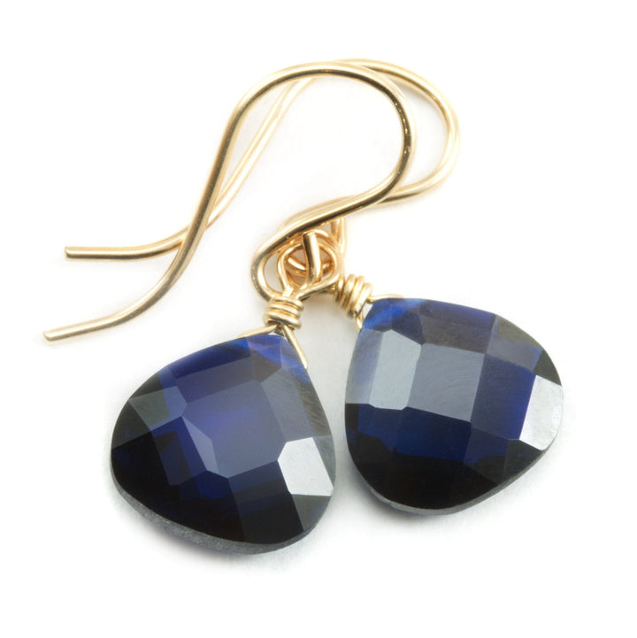 Dark Sapphire Blue Cubic Zirconia Earrings Heart Briolettes AAA CZ  14k Solid Gold or Filled or Sterling Silver Faceted Dainty Simple Dangle