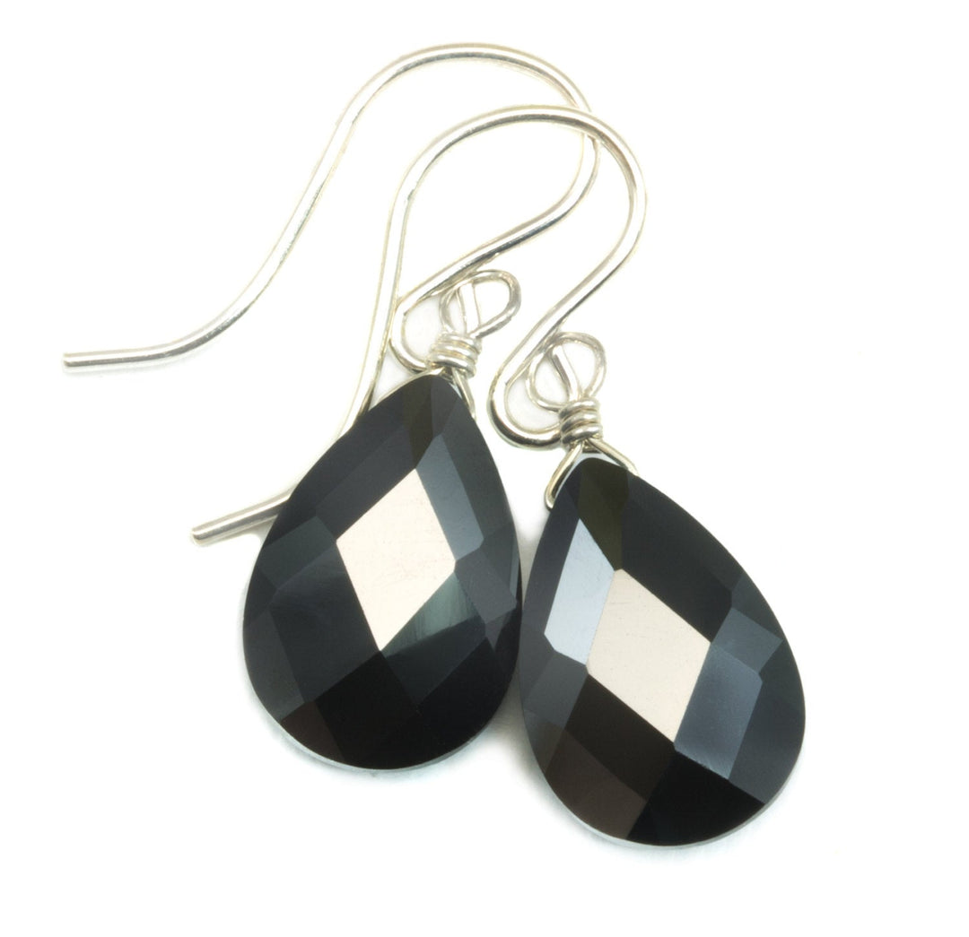 Black Sim Diamond Cubic Zirconia Earrings Pear Faceted Teardrop Briolette AAA CZ Sterling Silver or 14k Solid Gold or Filled Dangle Drops