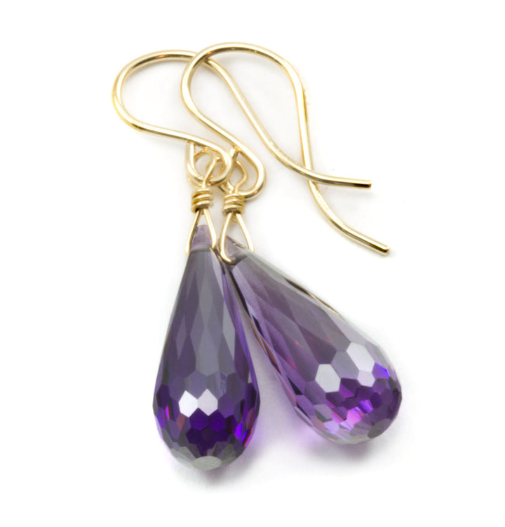 Amethyst Purple Cubic Zirconia Earrings Long Micro Faceted Rounded Teardrops Briolette AAA CZ Sterling Silver or 14k Solid Gold or Filled