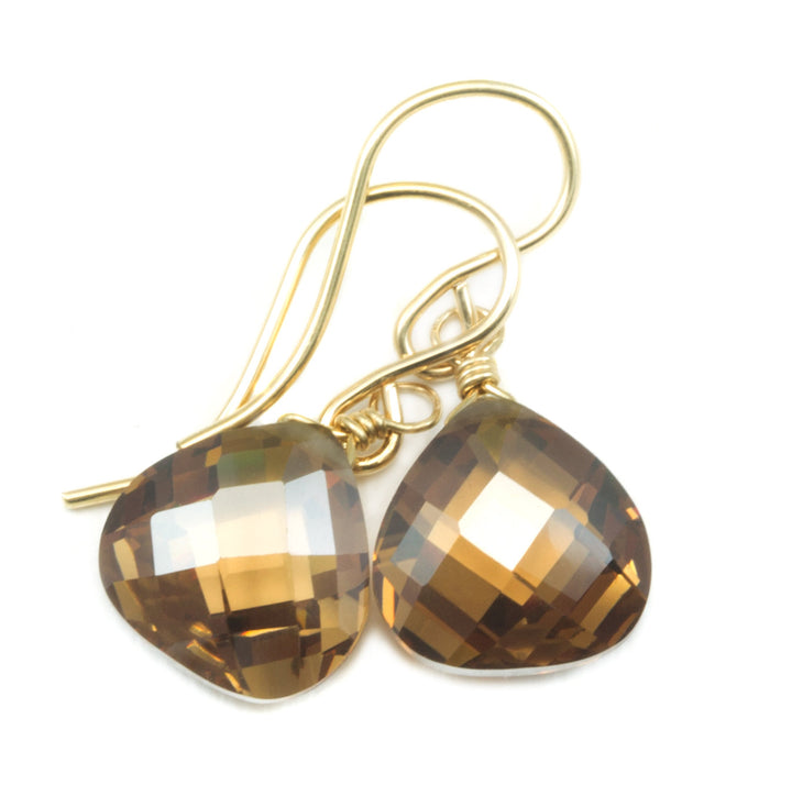 Chocolate Cubic Zirconia Earrings Heart Sim Diamond AAA CZ 14k Solid Gold or Filled or Sterling Silver Light Brown Classic Cut Simple Drops