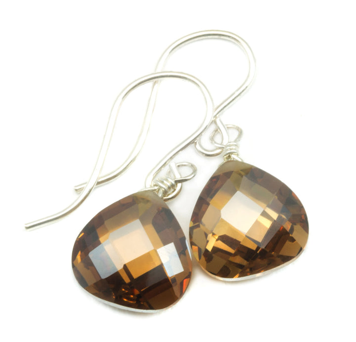 Chocolate Cubic Zirconia Earrings Heart Sim Diamond AAA CZ 14k Solid Gold or Filled or Sterling Silver Light Brown Classic Cut Simple Drops