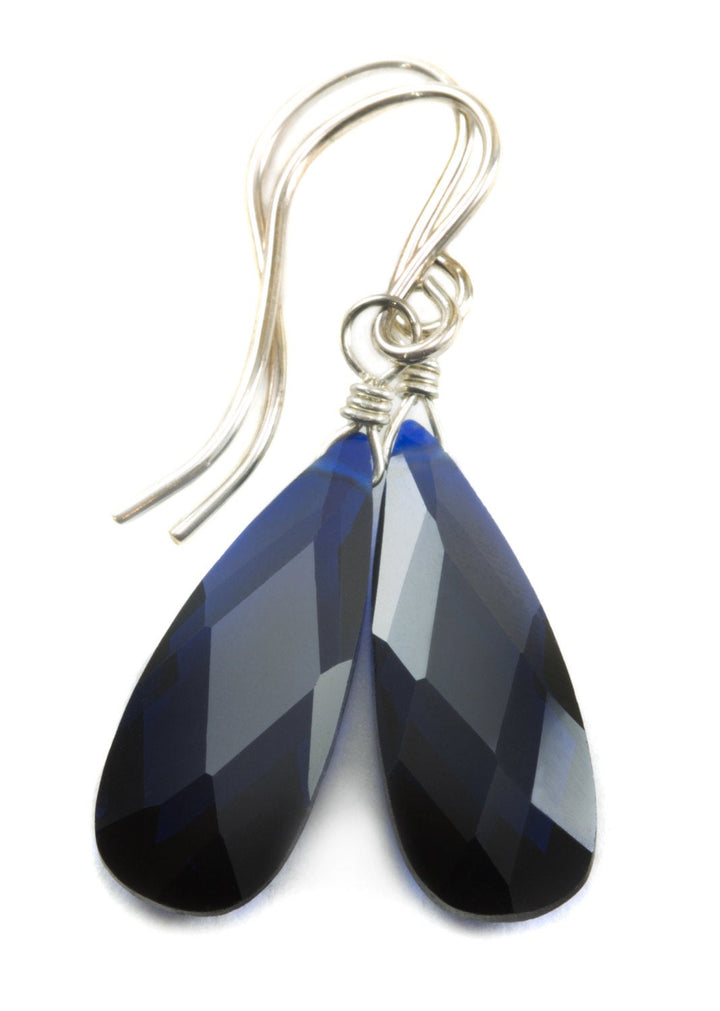 Dark Blue Sapphire Cubic Zirconia Earrings Long Faceted Teardrop Briolette AAA CZ Sterling Silver or 14k Solid Gold or Filled  Simple drops