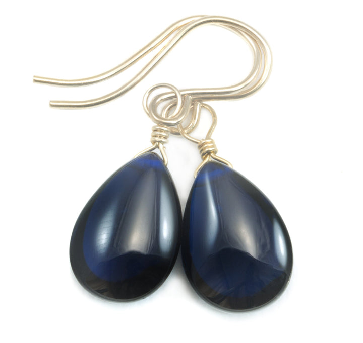 Dark Sapphire Blue Cubic Zirconia Earrings Smooth Teardrop Briolette AAA CZ Sterling Silver or 14k Solid Gold or Filled Pear Drops