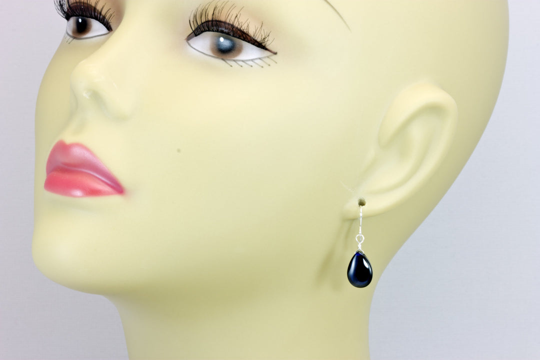 Dark Sapphire Blue Cubic Zirconia Earrings Smooth Teardrop Briolette AAA CZ Sterling Silver or 14k Solid Gold or Filled Pear Drops