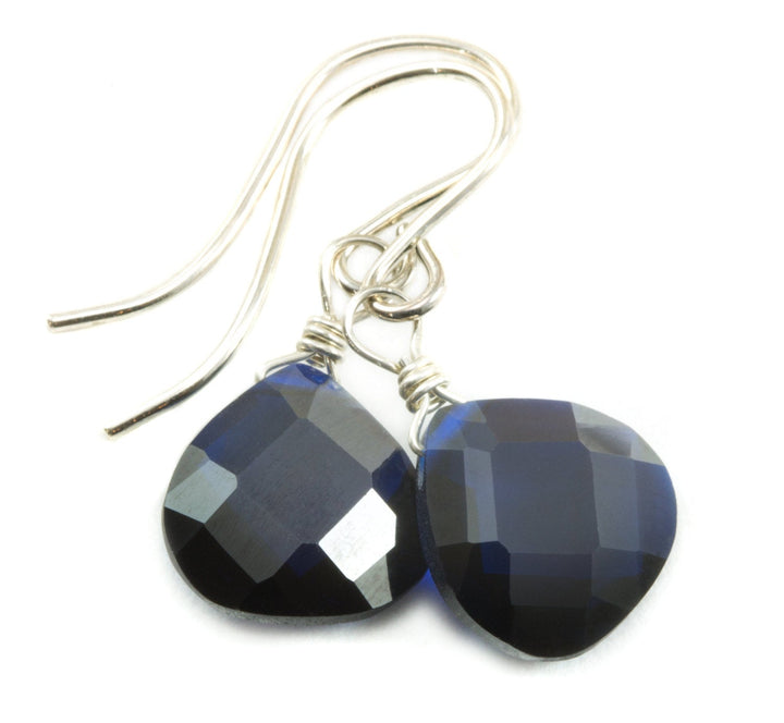 Dark Sapphire Blue Cubic Zirconia Earrings Heart Briolettes AAA CZ  14k Solid Gold or Filled or Sterling Silver Faceted Dainty Simple Dangle