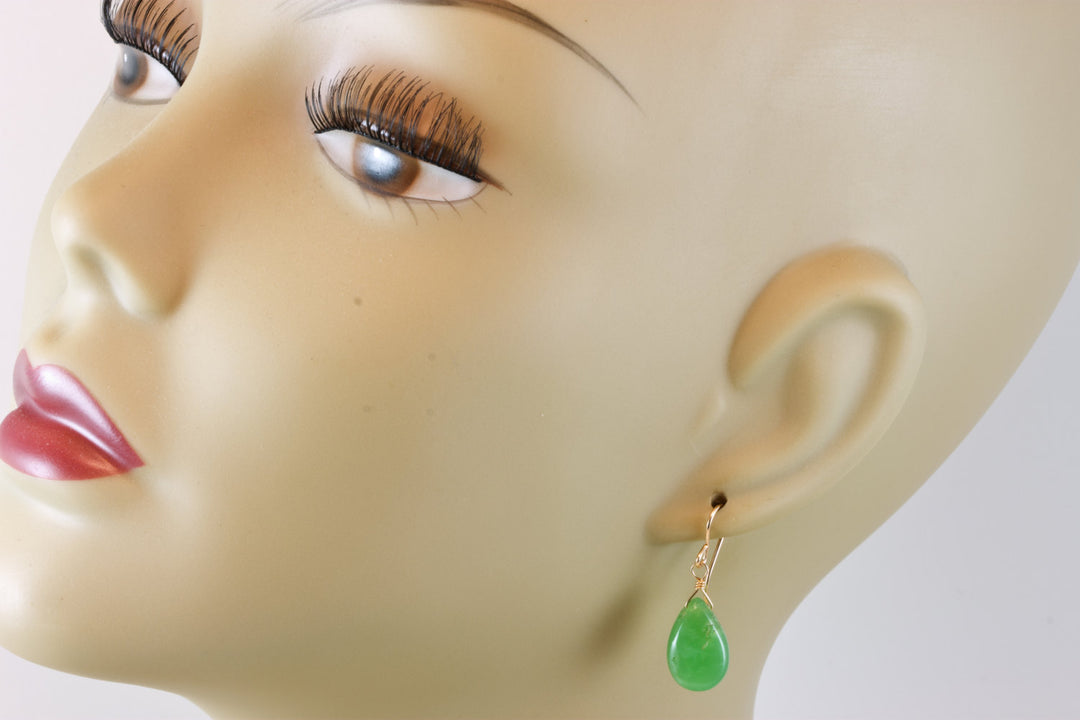 Green Chrysoprase Earrings Sterling Silver or 14k Solid Gold or Filled Smooth Pear Briolette Teardrops Simple Natural Raw Apple Green  Drops