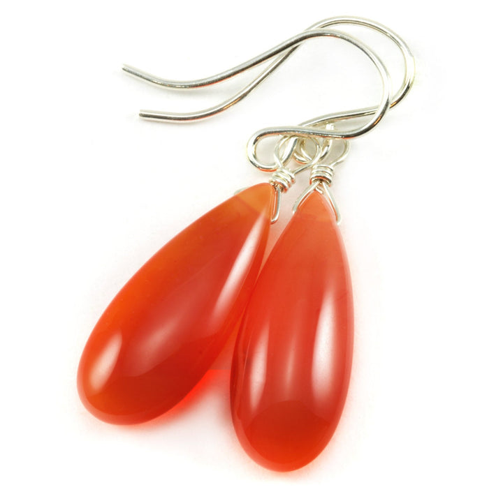 Carnelian Earrings Smooth Long Teardrop Sterling Silver or 14k Solid Gold or Filled natural earthy orange Chalcedony simple drops spyglass