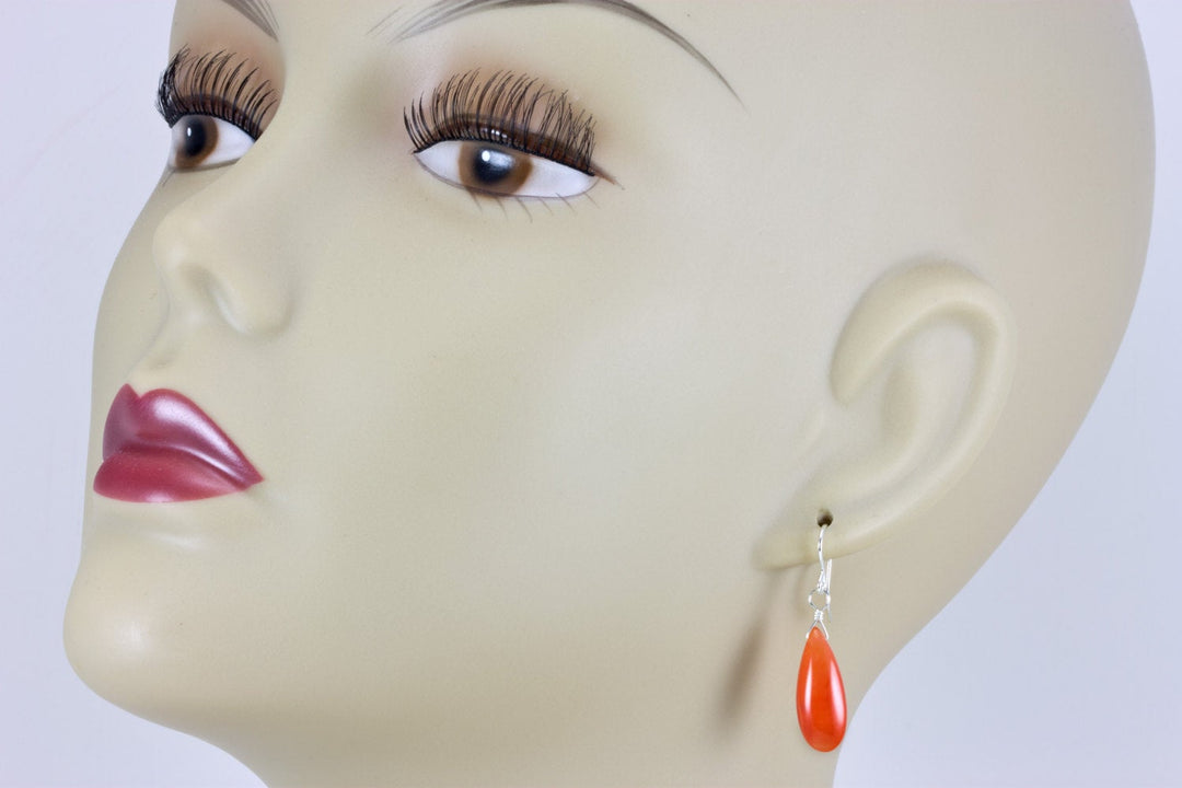 Carnelian Earrings Smooth Long Teardrop Sterling Silver or 14k Solid Gold or Filled natural earthy orange Chalcedony simple drops spyglass